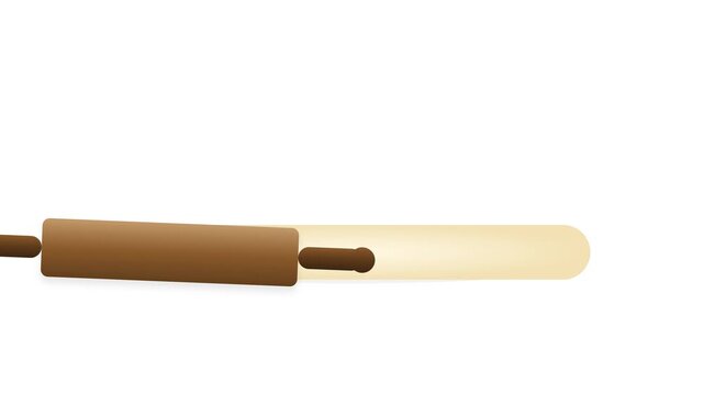 Wooden rolling pin flattening pastry dough with puffing flour particles on white background