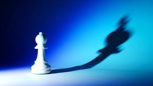 Creative chess bishop with a long shadow against a vibrant blue and turquoise gradient backdrop