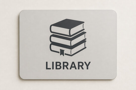 A square icon displaying a stack of books and the word LIBRARY on a light gray background.