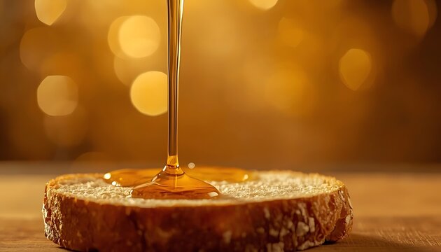 Golden honey pouring onto a slice of fresh bread with bokeh