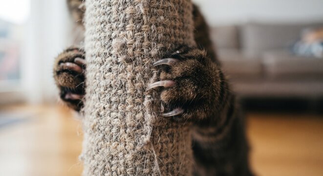 Close-up of a cat sharpening its claws on a scratching post with visible sharp claws and texture.