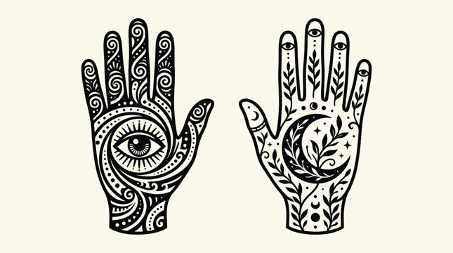 Mystical palmistry hands with celestial symbols, esoteric hamsa hand with evil eye and crescent moon, occult vector illustrations for tarot and magic