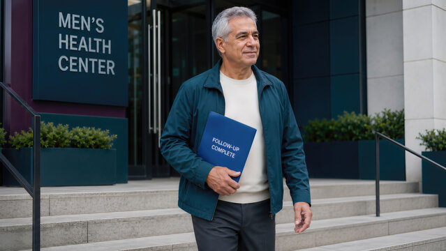 Older Hispanic man exits Mens Health Center holding a blue folder labeled Follow-Up Complete, with modern architecture and greenery in the background