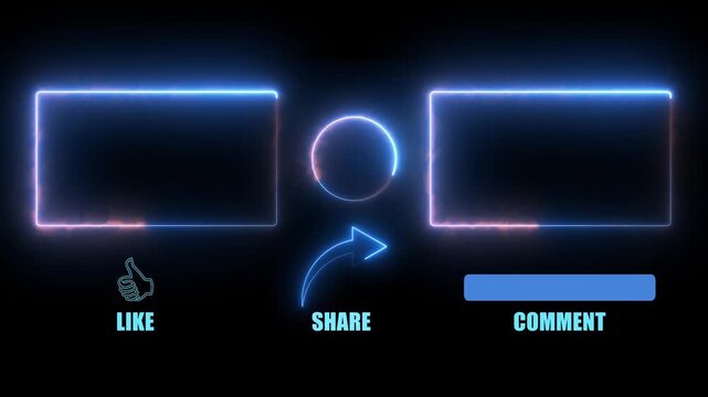 End screen animation displays neon like and share icons. Channel engagement activates on this end screen animation. Content creator closing broadcast titles use the end screen animation.