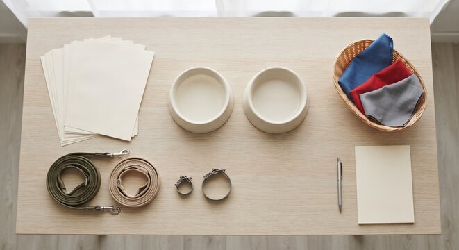 Flat lay pet accessories layout on wooden table with bowls, leashes, collars, papers, and textile cloths.