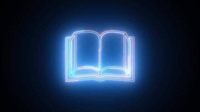 Open book outline animation glows with blue and pink rays. Education learning concepts guide this open book outline animation. Knowledge library graphics use the active open book outline animation.