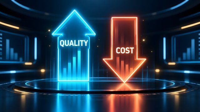 Futuristic Business Optimization Concept Showing a Glowing Blue Arrow Rising for High Quality and an Orange Arrow Falling for Low Cost on a Dark Digital Background with Data Screens