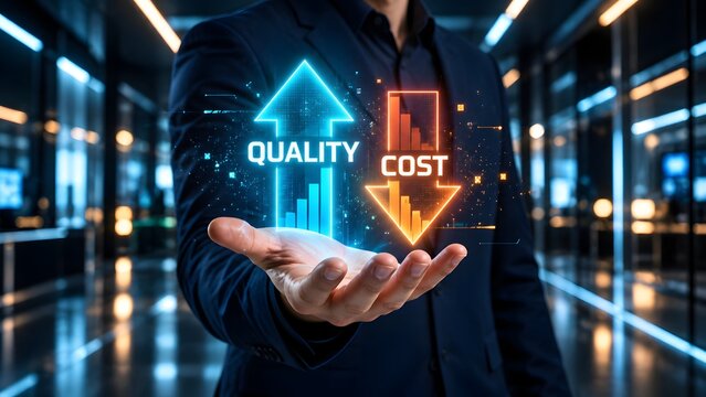 Businessman Holding Holographic Graphics Showing Quality Improvement and Cost Reduction Concept, Business Optimization and Strategy for Financial Success in Modern Corporate Office Environment