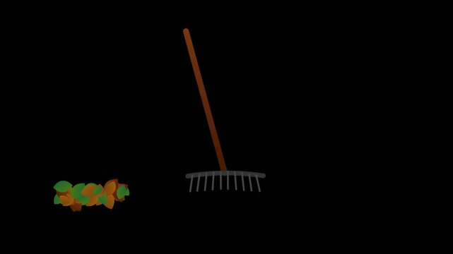 Garden rake pulling colorful autumn leaves with scattering foliage on a dark background