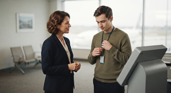 Mature businesswoman talking to a young male airport staff member wearing an identification badge near a check-in kiosk.