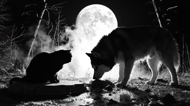 Black and white spooky scene of a black cat and a wolf-like dog under a full moon in a misty forest