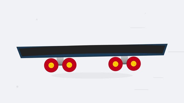 Minimalist flat design of a black skateboard with red wheels on white
