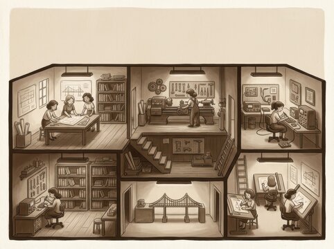 Cutaway house illustration with makers studios and creative workrooms