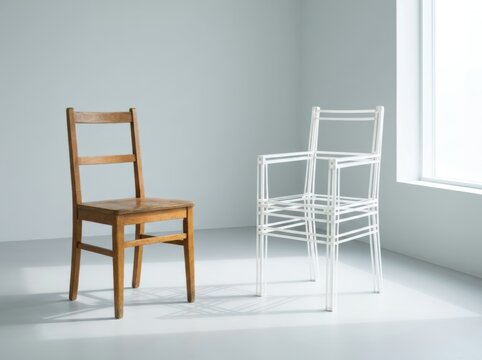 Side chair pair in minimalist room with copy space and light