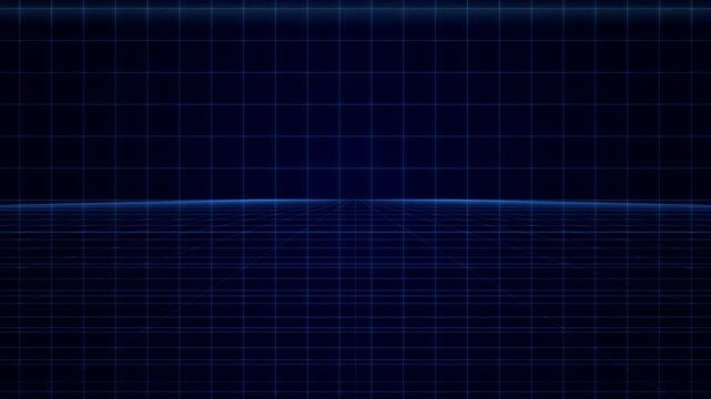 Blue Digital Cyber Grid Horizon with Perspective Wireframe Floor