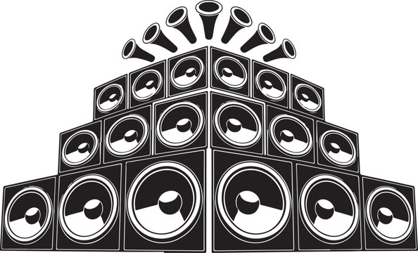 Towering stack of audio speakers a black and white vector illustration