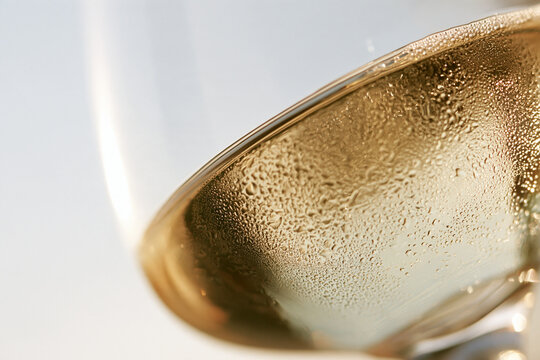 Macro close-up of a chilled white wine glass with fine condensation droplets, pale golden tones, bright clean background, soft even lighting, shallow depth of field, white wine, pr