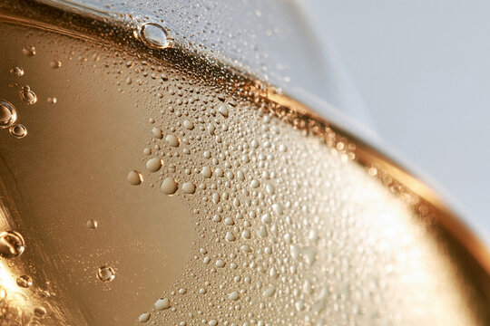 Macro close-up of a chilled white wine glass with fine condensation droplets, pale golden tones, bright clean background, soft even lighting, shallow depth of field, white wine, pr
