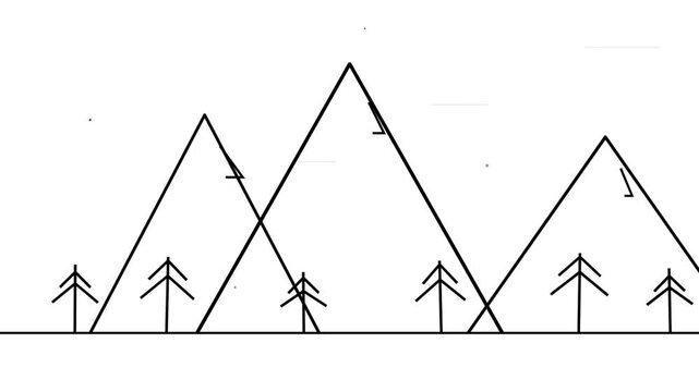 Minimalist Line Drawing Of Mountain Peaks And Forest With Pine Trees