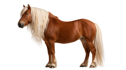 Chestnut Haflinger horse with long blonde mane and tail standing in profile © Andrei
