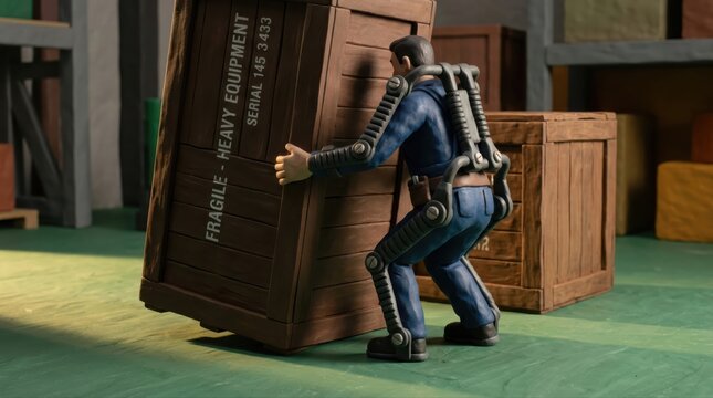 Industrial exoskeleton worker moving heavy cargo crates in warehouse