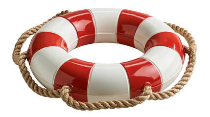 Red and white striped circular lifebuoy with thick braided rope © Andrei