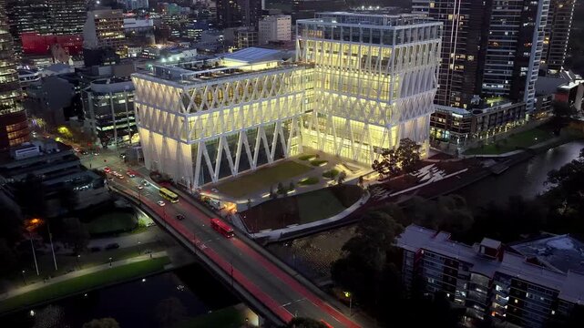 Dark aerial panorama of City of Parramatta in Sydney West around powerhouse buildings.