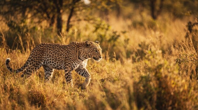 Leopard walking through tall golden savanna grass at sunrise