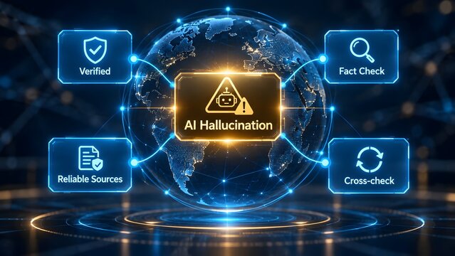 Concept of AI Hallucination Warning on Digital Globe with Fact Check and Data Verification Icons Representing Artificial Intelligence Reliability and Information Integrity in Global Network