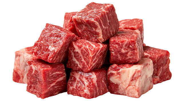 Fresh raw beef cubes with marbled fat texture stacked in a pile