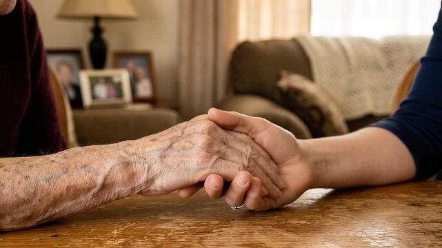 Adult daughter holding elderly mother frail hand in dementia care concept.
