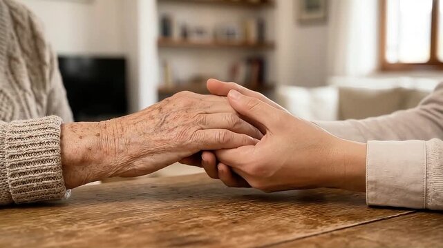 Adult daughter holding elderly mother frail hand in dementia care concept.