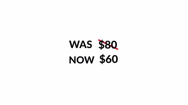 Animated now price and was price in 4K animation with alpha channel on transparent background was price $80 and now price $60 animation