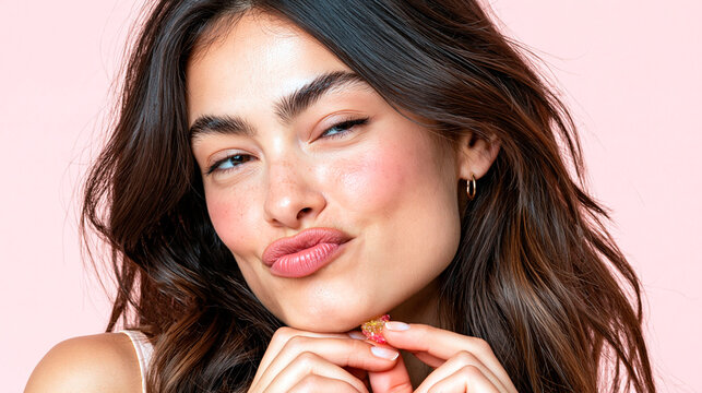 Young woman holding sour gummy candy and making playful puckered lips, beauty portrait expressing sweet taste, fun and colorful confectionery concept
