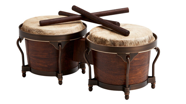 Wooden bongo drums with animal skin heads and two dark wooden drumsticks