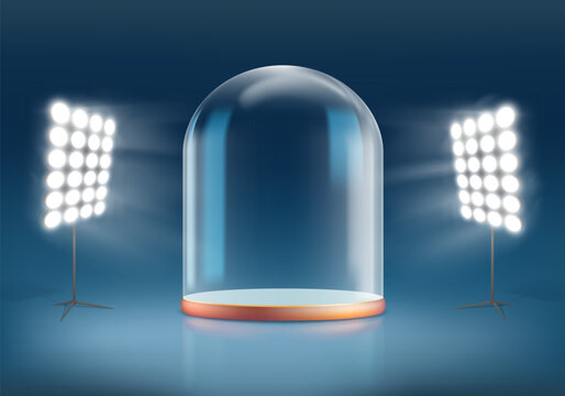Template empty glass dome. Illuminated by floodlights. Vector mockup