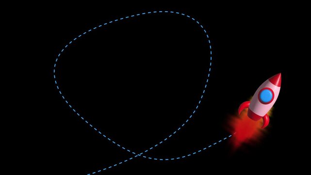 Cartoon rocket ship animation flies leaving a fiery trail. Space exploration journeys guide this cartoon rocket ship animation. Aerospace travel graphics animate the cartoon rocket ship animation.