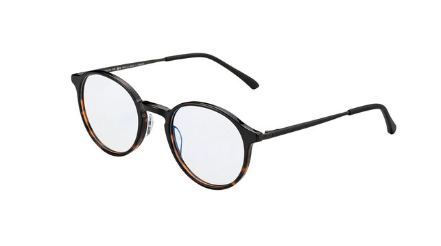 Round tortoise shell pattern plastic frame eyeglasses with thin black metal temples