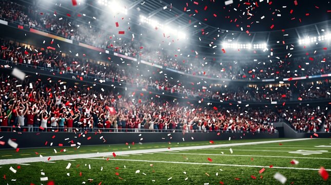 Celebration at a crowded football stadium with red and white confetti falling on the field, NFL, Super Bowl, NFL 2027, Super Bowl 2027, American Football 2027, NFL Football, NFL Playoffs.