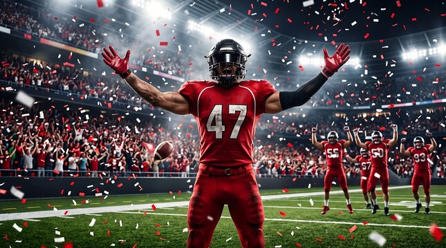 American football player celebrating a touchdown victory in a packed stadium with falling confetti, NFL, Super Bowl, NFL 2027, Super Bowl 2027, American Football 2027, NFL Football, NFL Playoffs.