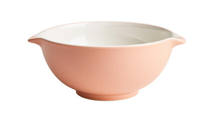 Pastel pink ceramic mixing bowl with pouring spout and white interior