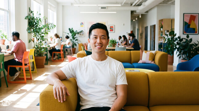 Smiling Asian male founder sitting on a yellow sofa in a modern co-working office