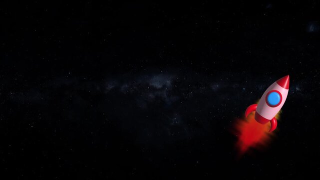 Cartoon rocket ship animation travels across the galaxy. Outer space journeys guide the cartoon rocket ship animation. Interstellar astronomy frames this cartoon rocket ship animation.