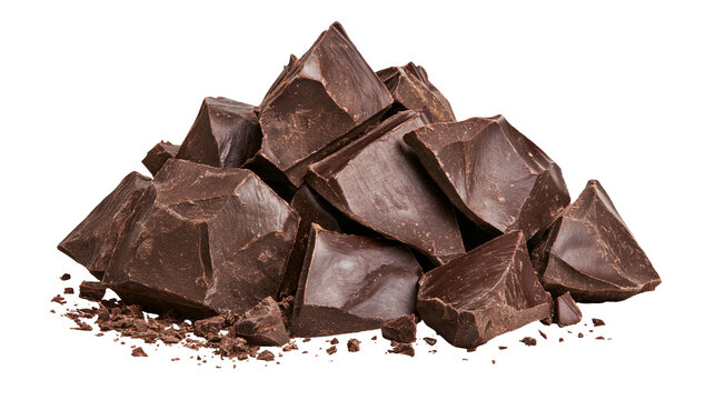Rough broken chunks of dark bitter chocolate pieces stacked in a pile
