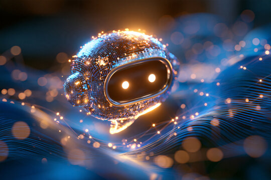 Macro close-up of a glossy 3D chatbot icon with a rounded speech bubble and two glowing eyes, vibrant pixelated edges, bright futuristic blue wavy background, shallow depth of fiel