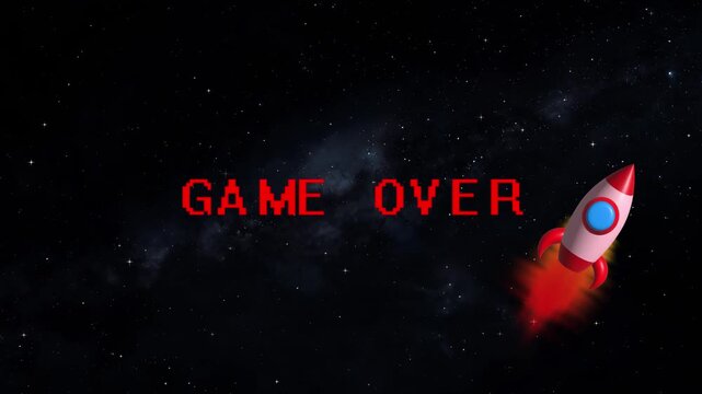 Game over text animation displays a rocket in starry space. Arcade defeat notifications trigger on the game over text animation. Video game failure graphics feature this game over text animation.
