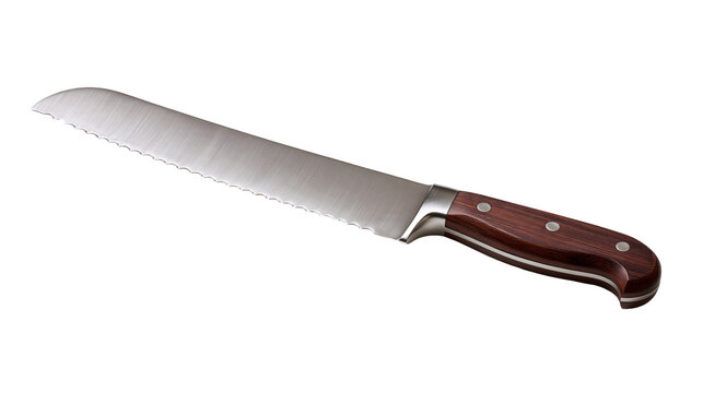 Serrated bread knife with stainless steel blade and dark brown wooden handle