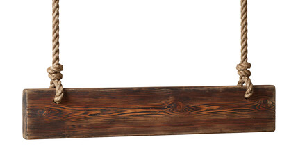 Dark brown rustic wooden sign hanging from two thick jute ropes © Andrei