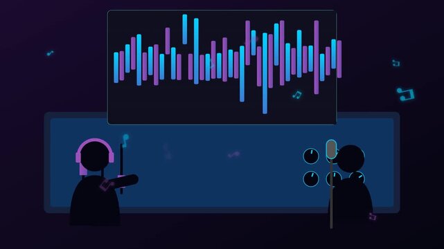 Professional music studio production featuring producer at mixing console and singer recording with dynamic digital audio workstation waveforms.