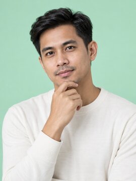Thoughtful man posing against mint green background
